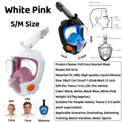 Full Face Snorkel Mask - 180° Panoramic Anti-Fog Dry-Top Leak-Resistant Diving Gear for Adults