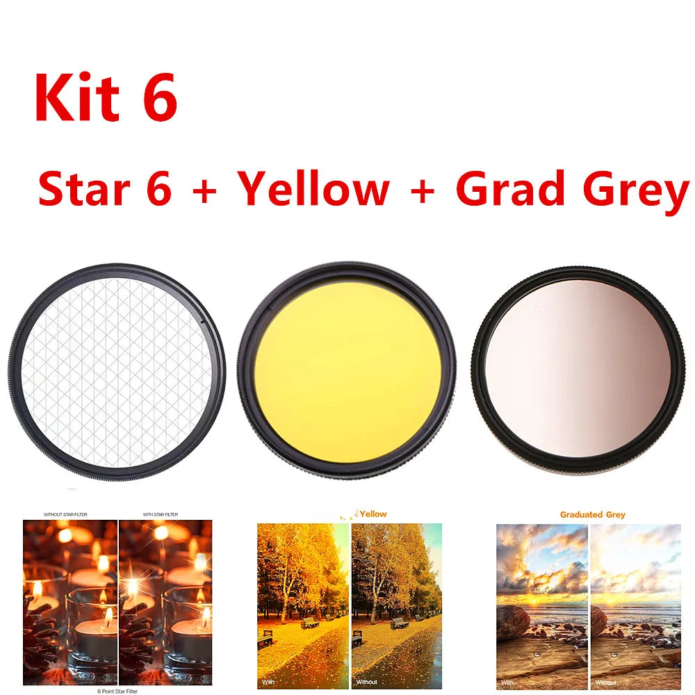 UV, FLD, CPL, ND (ND2/4/8), Star, Yellow Grad, Grey Filter Kit with Cleaning Set — Fits 37mm to 82mm Lenses