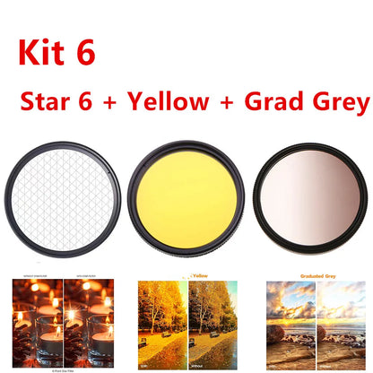 UV, FLD, CPL, ND (ND2/4/8), Star, Yellow Grad, Grey Filter Kit with Cleaning Set — Fits 37mm to 82mm Lenses