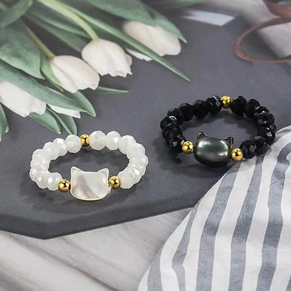 Cute Cat Beaded Rings - Handmade Black & White Stone Couple Rings for Women & Men Korean Fashion Lovers Friends Jewelry Gift