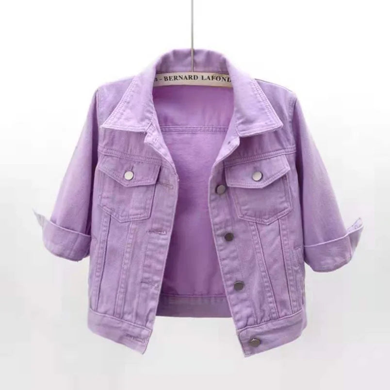 Women’s Denim Jacket – Spring & Autumn Short Coat, Casual Pink Jean Jackets, Loose Purple, Yellow & Blue Outerwear Tops