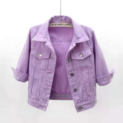 Women’s Denim Jacket – Spring & Autumn Short Coat, Casual Pink Jean Jackets, Loose Purple, Yellow & Blue Outerwear Tops