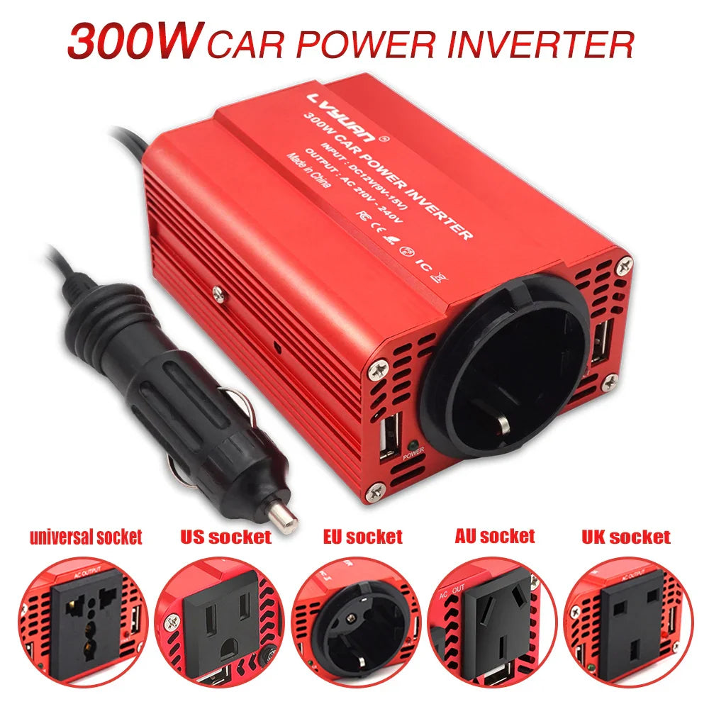 300W Car Power Inverter - DC 12V to AC 110V/220V Dual USB Adapter Converter with Modified Sine Wave, EU & US Sockets