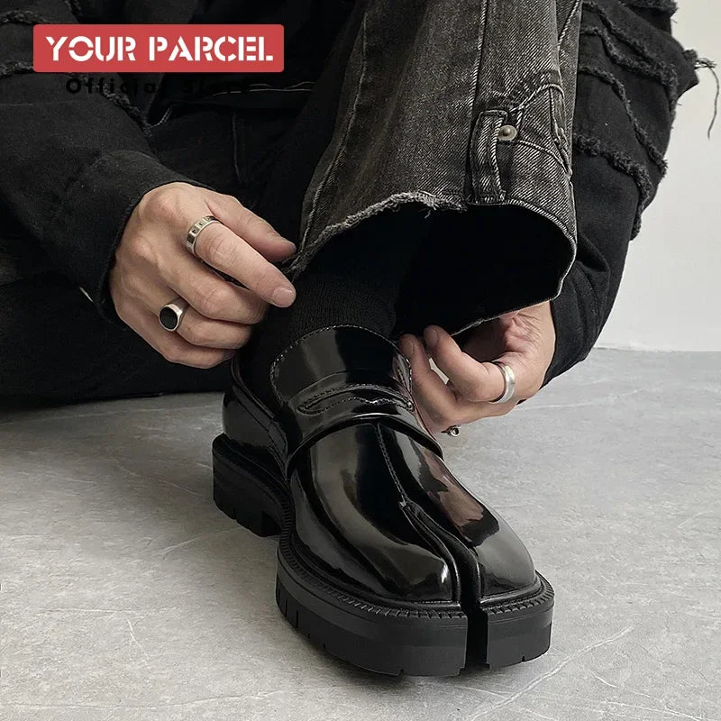 Men’s Split Toe Tabi Loafers – Thick Sole Patent Leather Casual Korean Trend Shoes