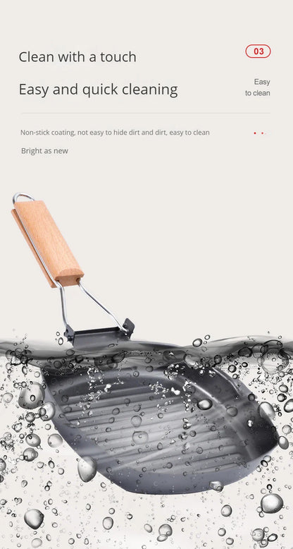 Foldable Portable Grill Pan – Double-Mouth Steak Pan with Anti-Scald Wooden Handle for Outdoor Cooking