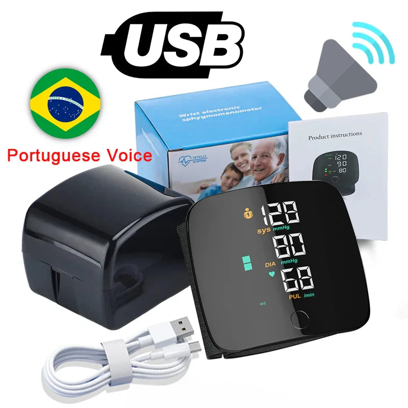 LED Rechargeable Wrist Blood Pressure Monitor – English, Russian, Portuguese, Spanish Voice Broadcast Tonometer