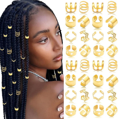 32-60PCS Human Hair Braiding Rings Kit — Gold, Silver & Wood Dreadlock Accessories Set for Men & Women Hair Styling