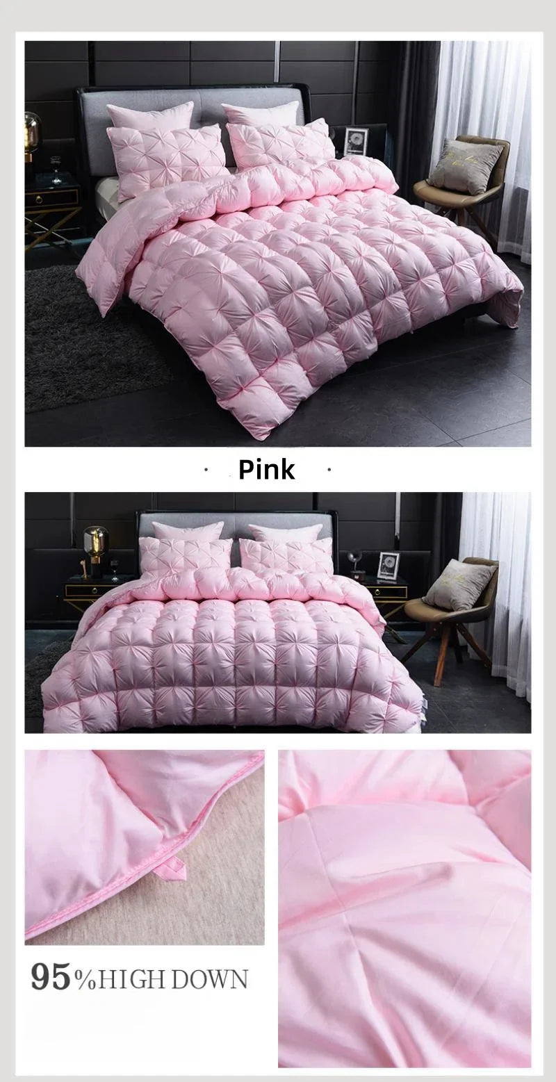 White Goose Down Comforter – Thick Winter 3D Bread Blanket with Luxury Pinch Pleat for Single & Double Beds