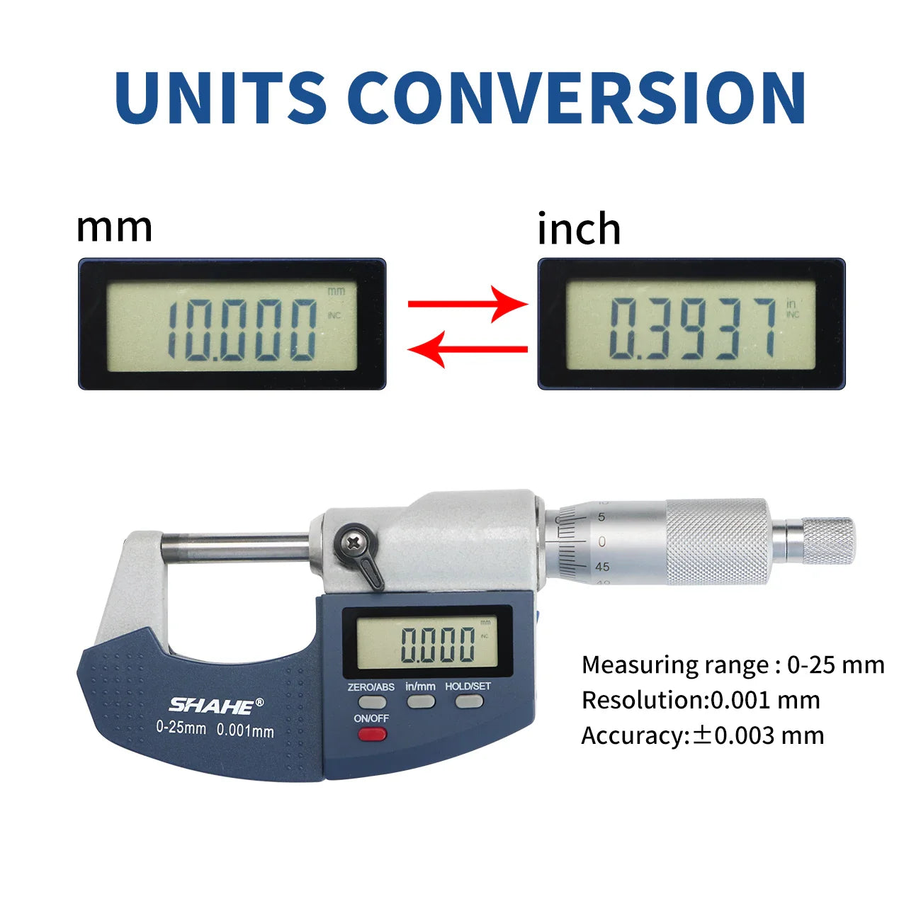SHAHE 0.001mm Electronic Outside Micrometer — 0-25mm Digital Caliper Gauge for Precision Measurement