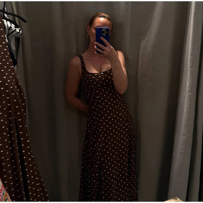 Elegant Women’s Polka Dot Maxi Dress – Chic Sleeveless Round Neck High Waist Slim Fit Vestido for Party & Street, 2025 New