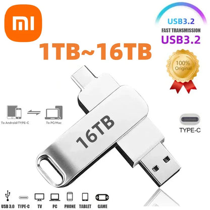 Xiaomi 16TB USB 3.2 Flash Drive — Super High-Speed Metal U Disk, Waterproof Type-C SSD Pen Drive