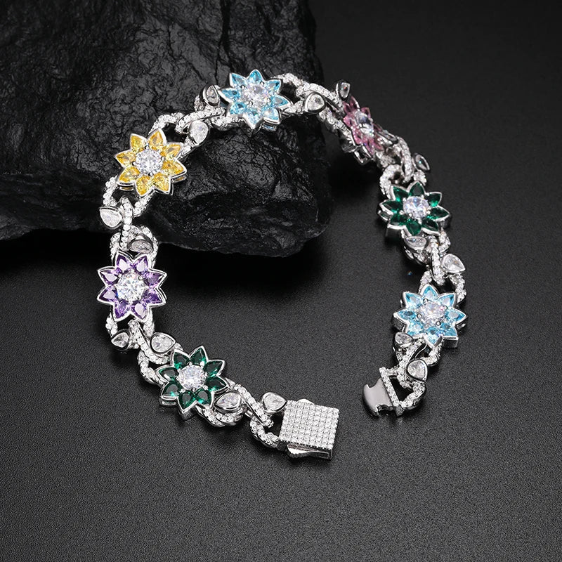 New Iced Out Moissanite Chain Necklace & Colorful Flower Bracelet – Hip Hop S925 Silver, 18K Plated Jewelry for Men & Women