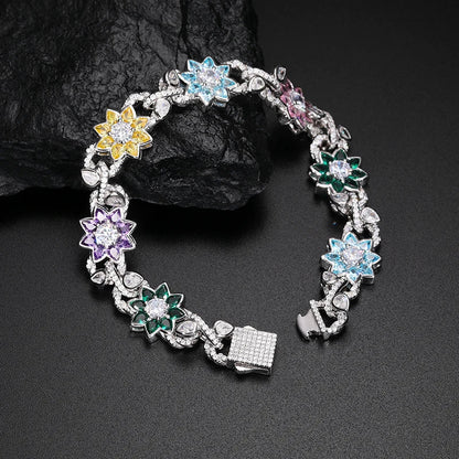 New Iced Out Moissanite Chain Necklace & Colorful Flower Bracelet – Hip Hop S925 Silver, 18K Plated Jewelry for Men & Women
