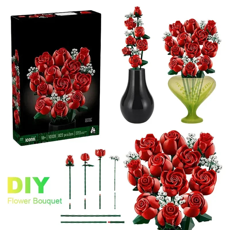 Bouquet of Roses Building Blocks – 10280 Compatible Construction Toy Flowers for Home Decor & Birthday Gift