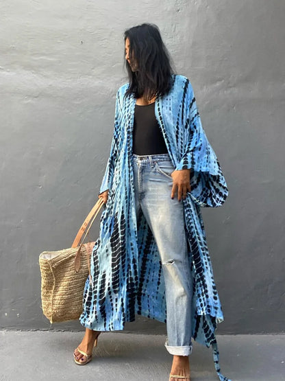Tie-Dye Bikini Cover Up Kimono – Bohemian Beach Swimsuit Cape Pareo Dress with Belted Wrap Style Summer Swimwear Cover-Up