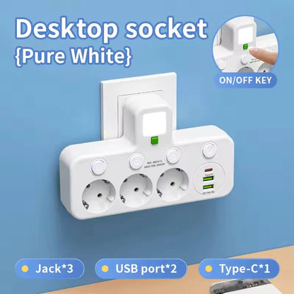 EU Plug Power Strip – 4 AC Outlets, 2 USB & 1 Type-C Ports with Independent Switch and Night Light