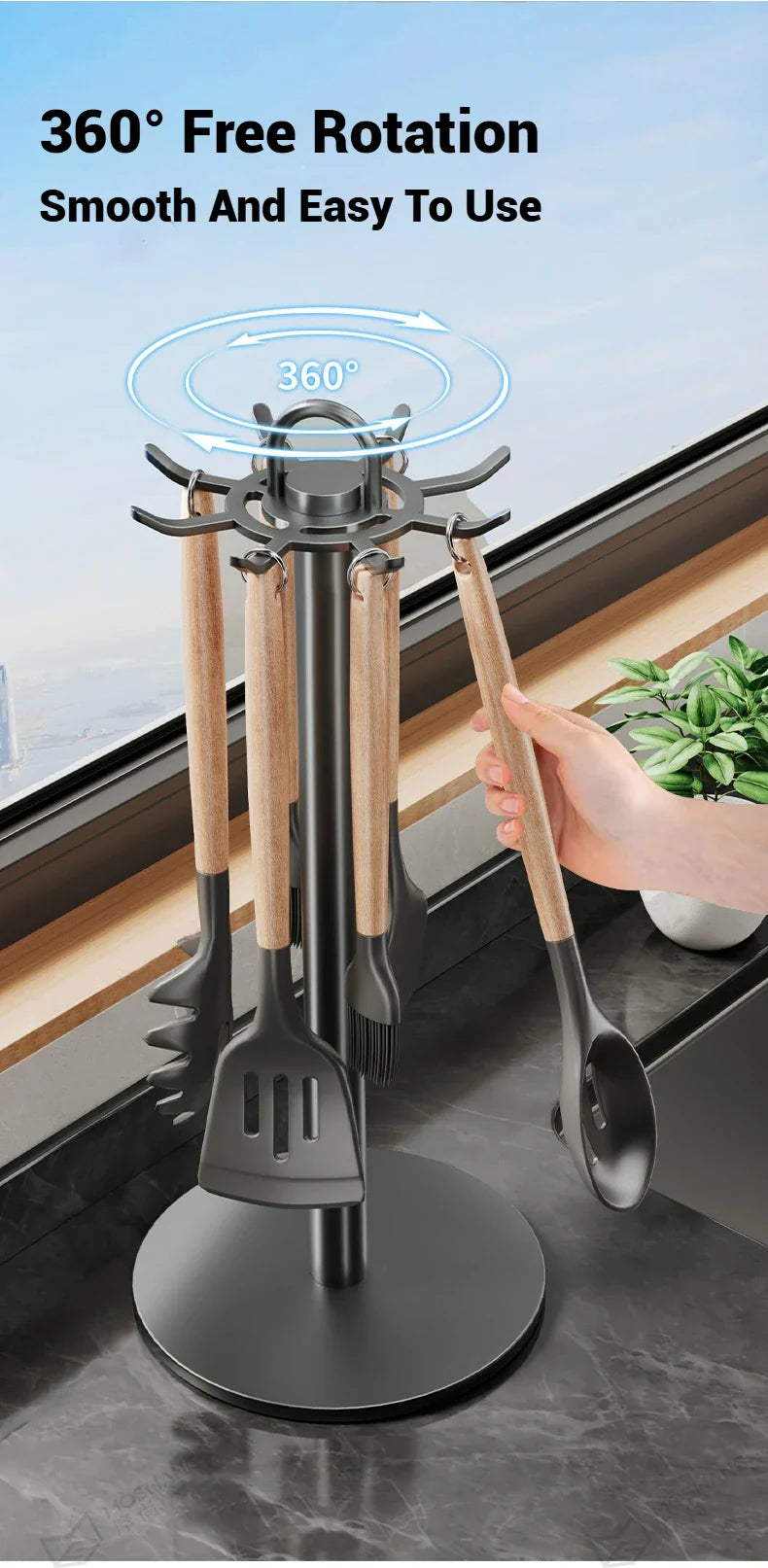 Rotating Kitchen Utensil Stand — 8-Hook Countertop Organizer for Cooking Tools