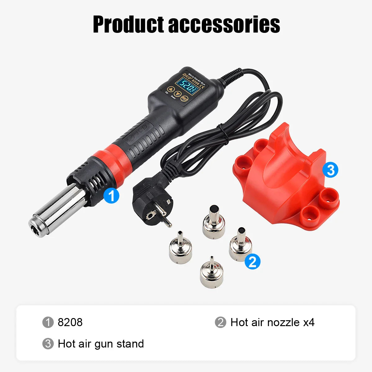 JCD Micro Hot Air Gun 8208 – 750W Soldering & Welding Rework Station, LCD Display All-in-One Heat Gun for BGA & IC Soldering