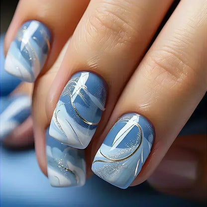 24PCS Short Square Coffin False Nails – French Glitter Acrylic Press-On Nail Tips with Glue, Wearable Fake Nails Set