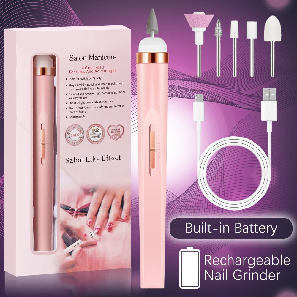 YIKOOLIN 5-in-1 Electric Nail Polish Drill – USB Rechargeable Portable Manicure Set for Exfoliation & Polishing, Nail Salon Tool