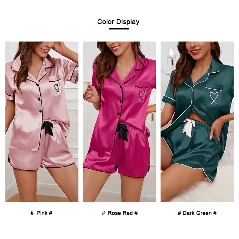 Women's Heart Embroidered Pajama Set – Button Down Short Sleeve Top & Shorts Lounge Sleepwear