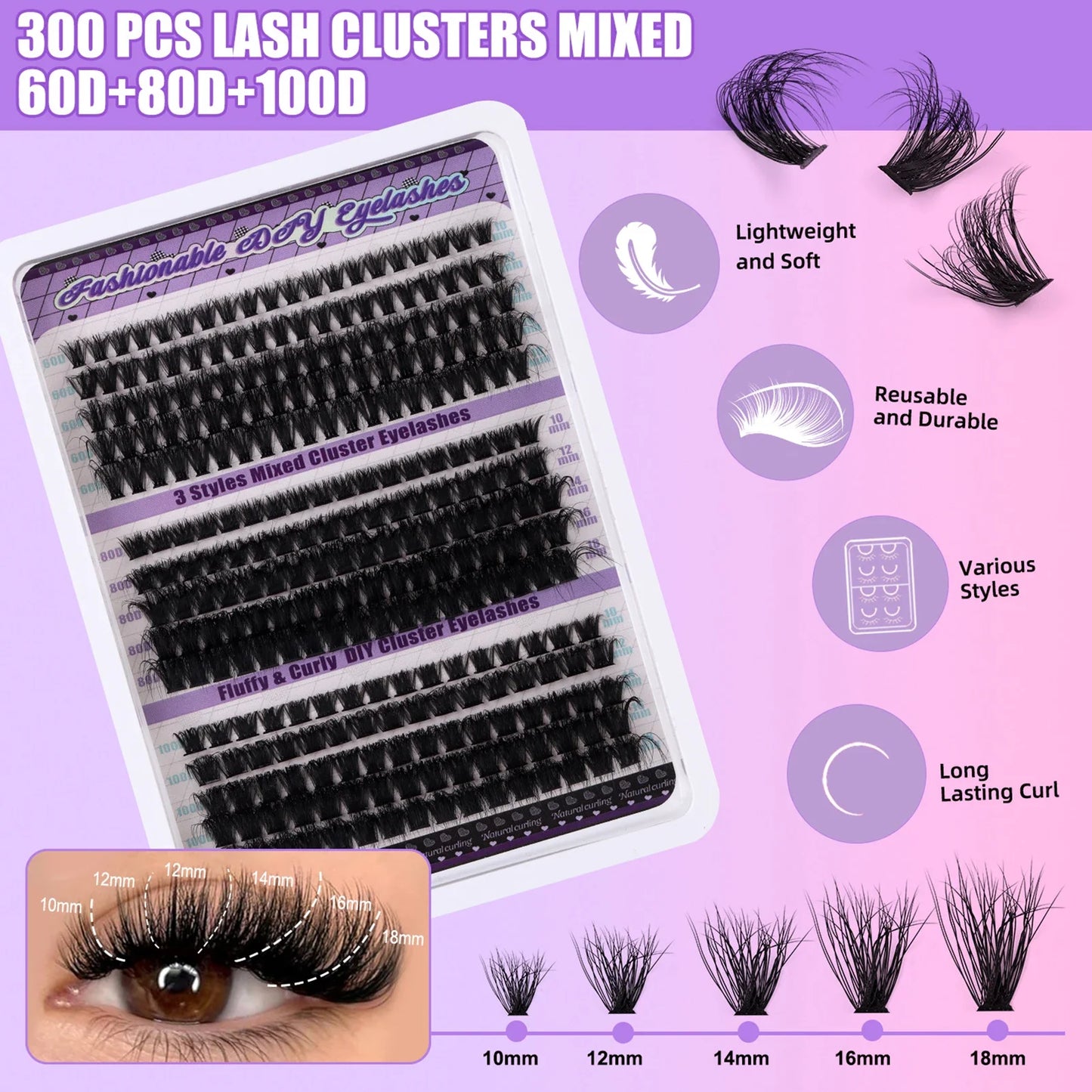 270pcs Individual Cluster Lashes — Fluffy Volume False Eyelashes with Bond & Seal Glue Kit, 60D/80D/100D Extensions