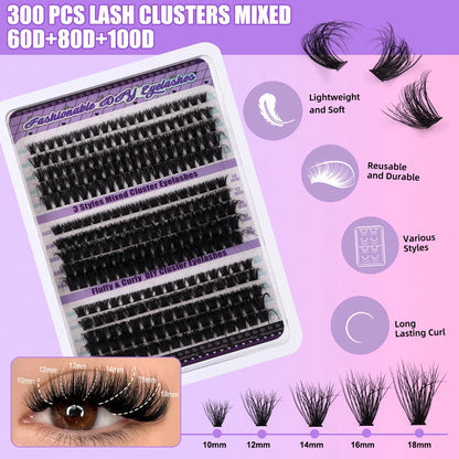 270pcs Individual Cluster Lashes — Fluffy Volume False Eyelashes with Bond & Seal Glue Kit, 60D/80D/100D Extensions