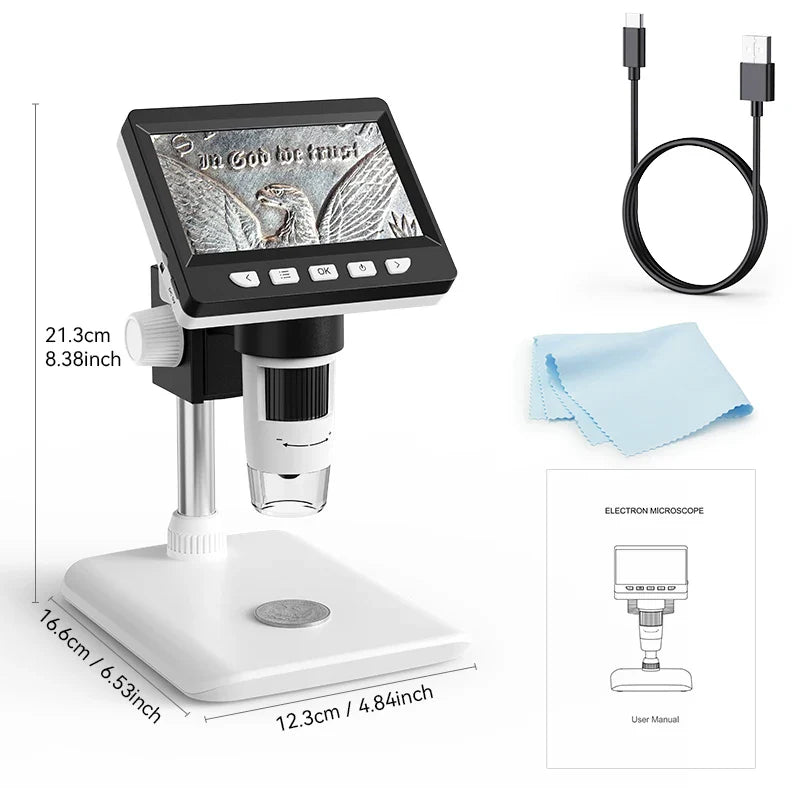 Digital Microscope 4.3” IPS Screen – 1600X Magnification 2MP USB Coin & PCB Inspection Microscope for Watch Repair & Electronics
