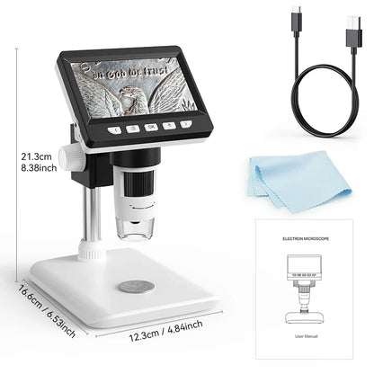 Digital Microscope 4.3” IPS Screen – 1600X Magnification 2MP USB Coin & PCB Inspection Microscope for Watch Repair & Electronics