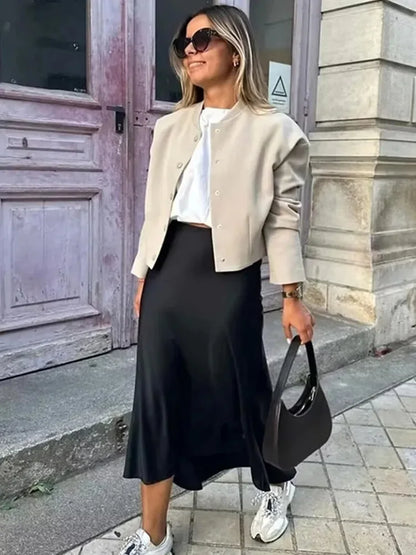 Willshela 2024 Women’s Black Satin High Waist Midi Skirt – Elegant Long Office & Summer Fashion Skirt for Women, Slim Fit Casual Wear