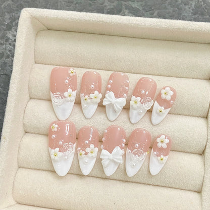 10 Pcs Black French Press-On Nails – Handmade Bowknot Design, Glossy Short Almond Fake Nails for Salon Art