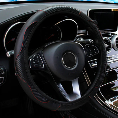 PU Carbon Fiber Leather Steering Wheel Cover — No Inner Ring, Fits 14.5-15 Inch Cars