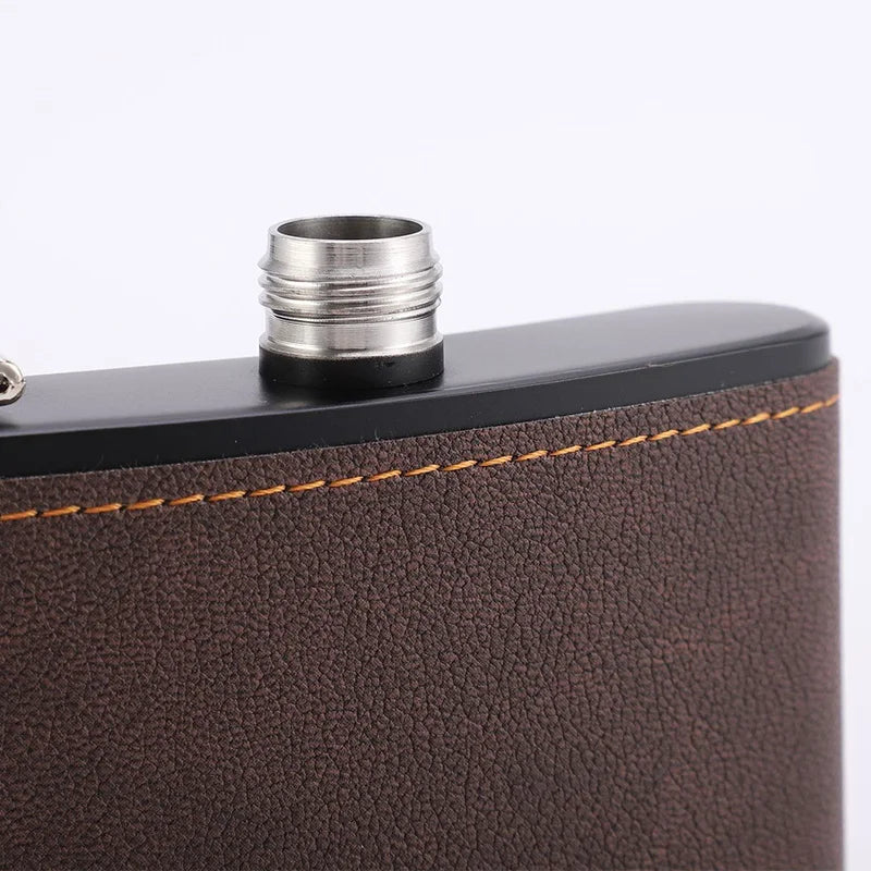 6/8oz Portable Hip Flask – Brown Leather Covered Stainless Steel Flask for Whiskey & Alcohol, Men's Gift