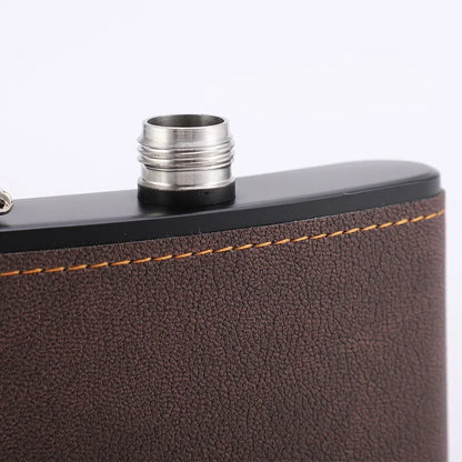 6/8oz Portable Hip Flask – Brown Leather Covered Stainless Steel Flask for Whiskey & Alcohol, Men's Gift