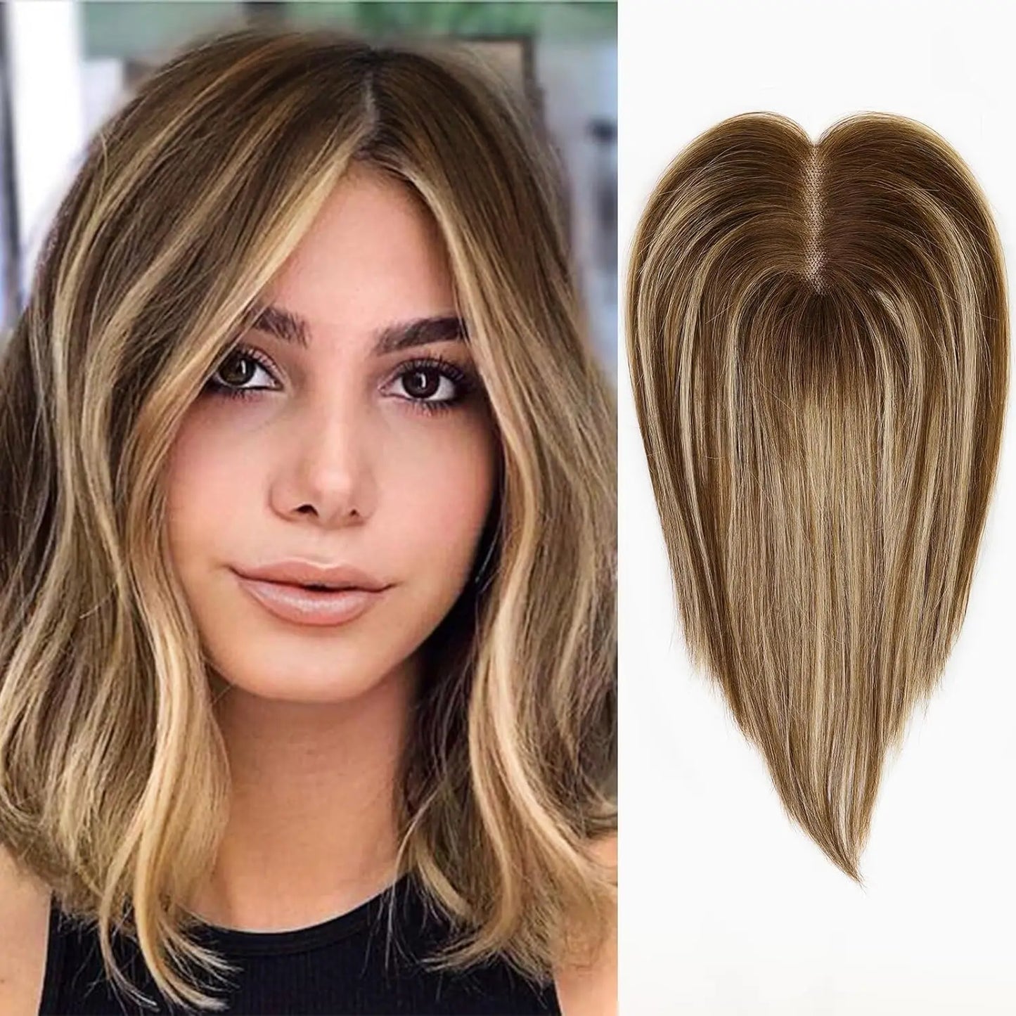 Ombre Blonde Brown 100% Remy Human Hair Topper – Silk Base Clip-In Extension for Women with Hair Loss, 12 Inch