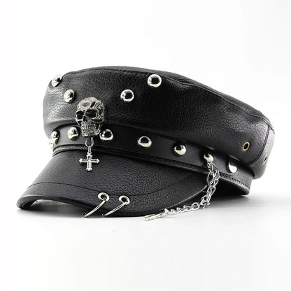 Women’s Punk PU Leather Beret Hat – Vintage Flat Top Military Style Cap for Outdoor Casual Wear & Street Fashion Accessories
