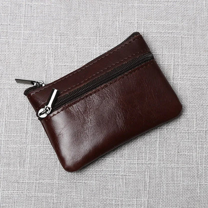 Leather Mini Coin Purse – Unisex Retro Handmade Cowhide Small Wallet with Zipper & Key Case