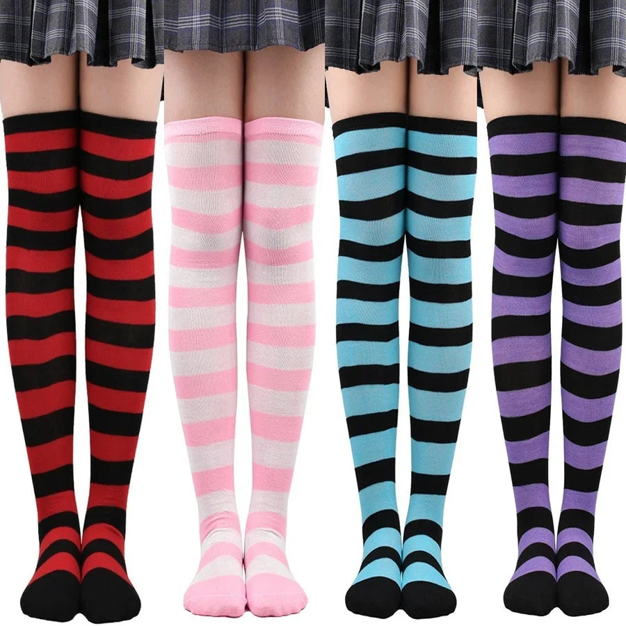 2024 Women's Striped Thigh High Stockings - Long Over-Knee Socks in Black, White & Pink for Cosplay & Harajuku Y2K Style