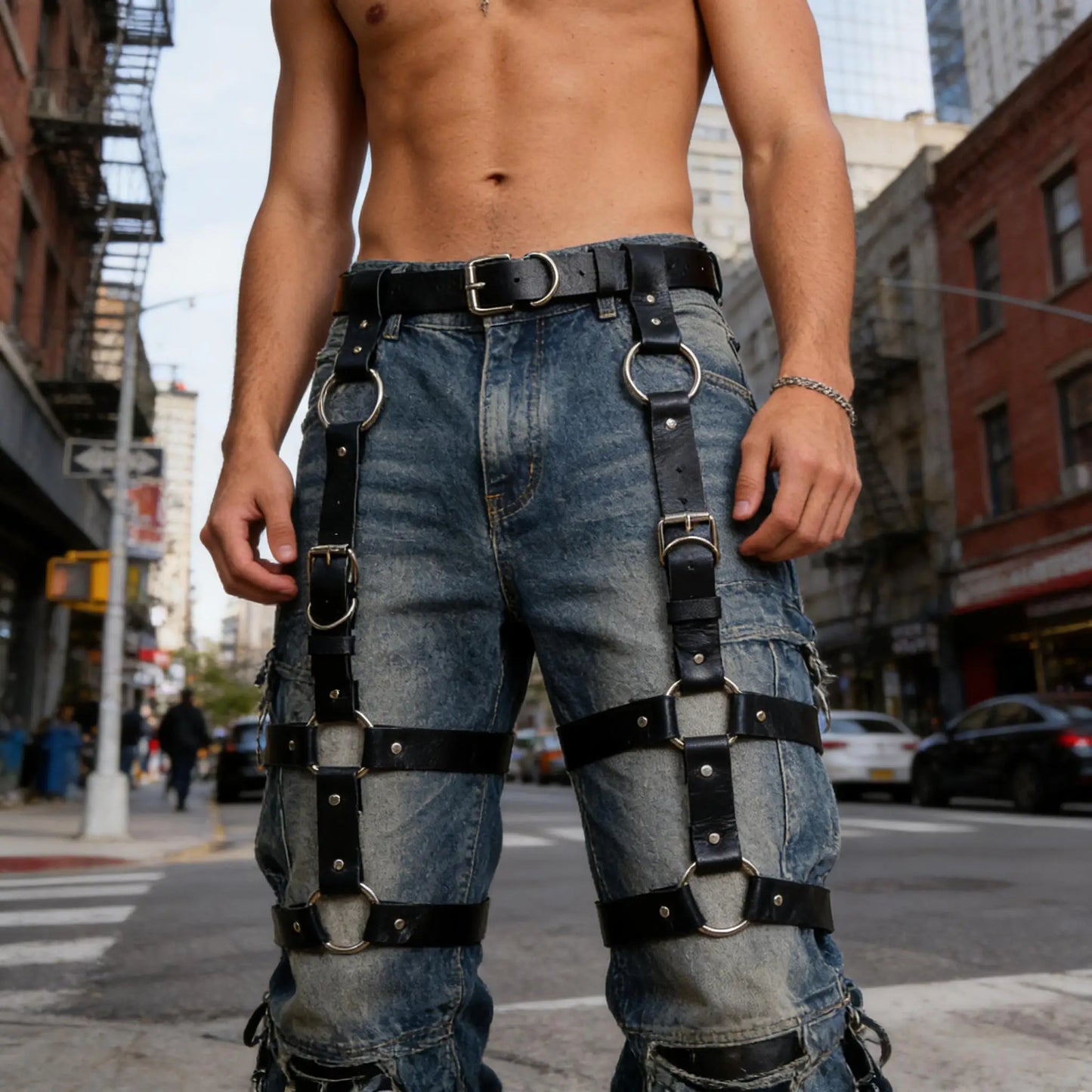 Men's Punk Leather Thigh Harness - Garter Belt with Adjustable Leg Rings for Gothic Fashion