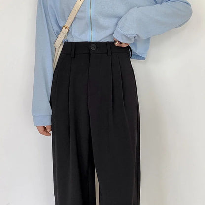 High Waist Women’s Suit Pants – Straight Office Trousers, Casual Button Loose Black Pants for Fall 2024