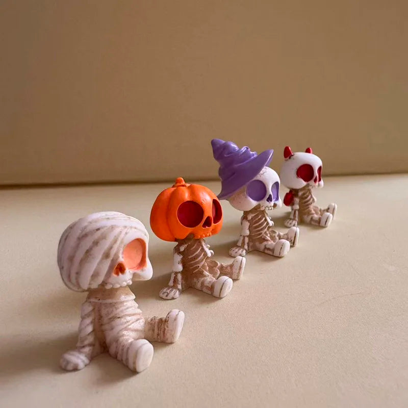 4-Piece Halloween Mini Figurines Set - Spooky Resin Pumpkin, Ghost & Skull Decor for Home & Garden