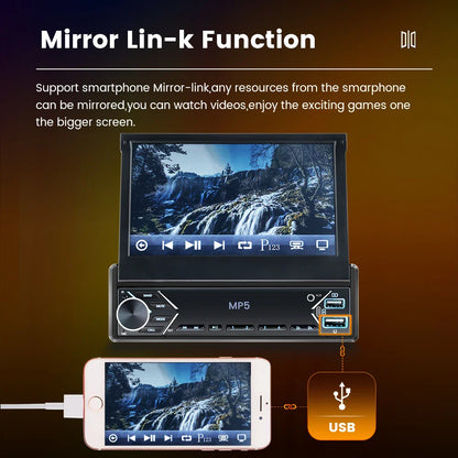 Carplay Android Auto 1 Din MP5 Player - 7 Inch Retractable Touch Screen, FM Radio, Mirror Link, Manual & Automatic Car Player