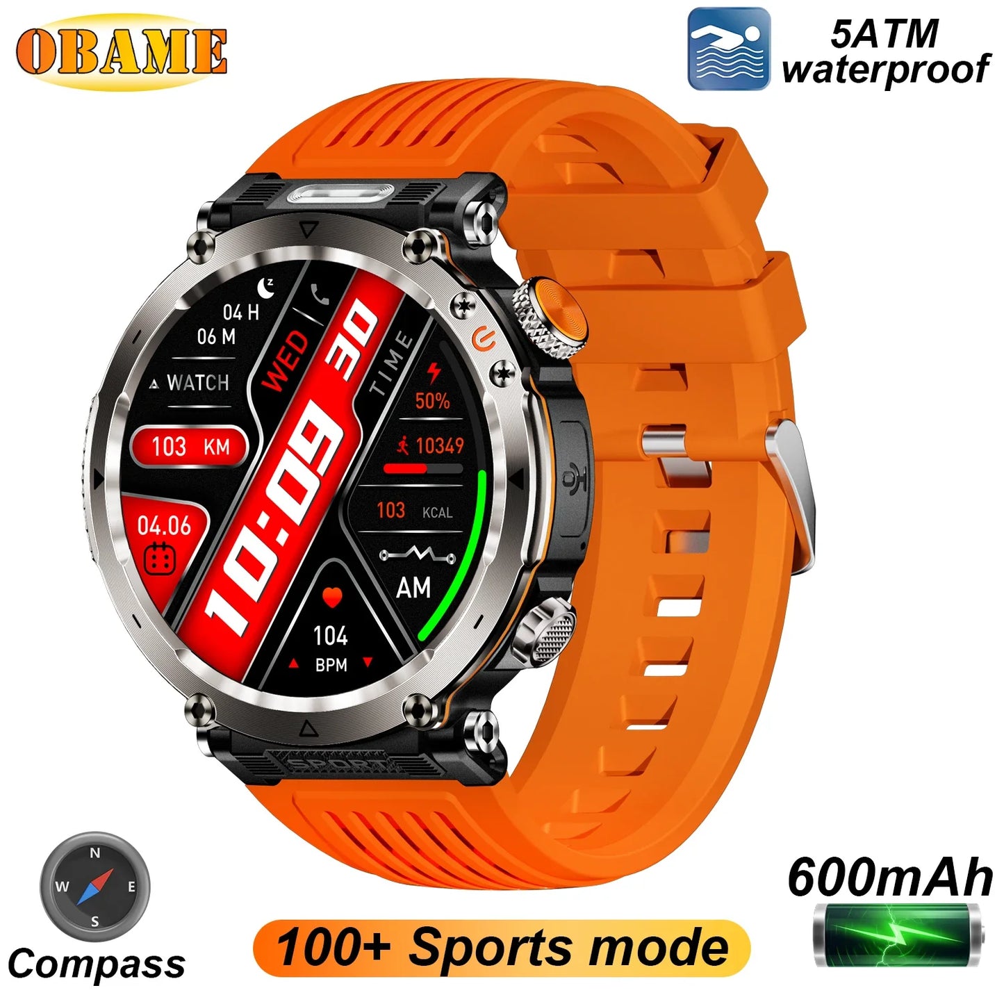 2025 5ATM Outdoor Smartwatch for Men – 600mAh Battery, LED Flashlight, Compass, Bluetooth Call, Heart Rate, IP68 Sports Watch