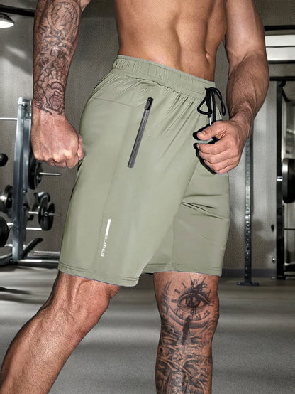 Men’s Solid Color Casual Shorts – Elastic Waist with Drawstring and Zipper Pockets, Loose Fit High Elasticity