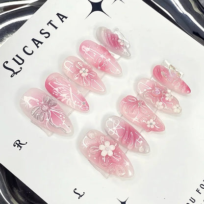 24PCS Strawberry Bow Press On Nails - Red Short Almond Pearl Starlight Floral False Nail Art Tips