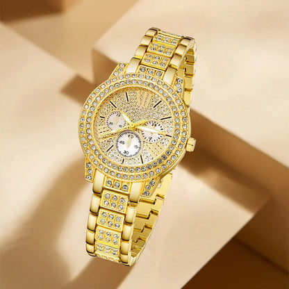 Women's Gold Quartz Watch Jewelry Set – Luxury Wristwatch with Ring, Necklace & Rhinestone Earrings