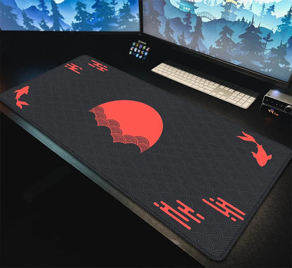 Japanese XXL Desk Mat 90x40 — Black & Red Koi Fish Gaming Mouse Pad, Sunrise Art Rubber Mousepad