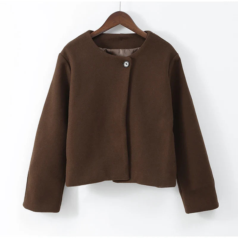 2024 Women's Elegant Solid Wool Blend Cardigan Coat – Round Neck, Single Button, Long Sleeve High Street Outwear