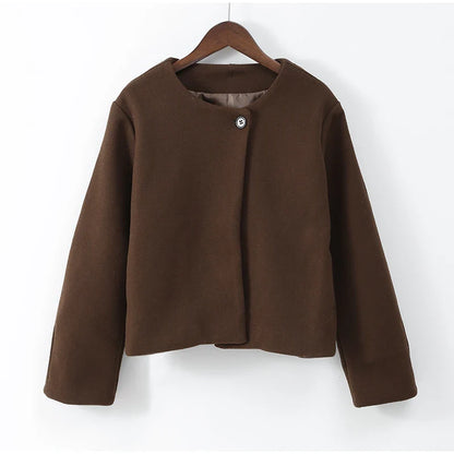 2024 Women's Elegant Solid Wool Blend Cardigan Coat – Round Neck, Single Button, Long Sleeve High Street Outwear