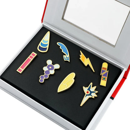 Anime League Gym Badge Set – Metal Brooches from Sinnoh, Johto, Hoenn & Indigo with Pikachu & Squirtle Figure Toys